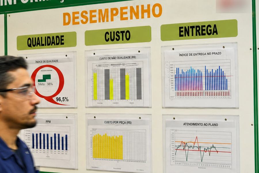 Quadro de gestão à vista com indicadores de qualidade, custo e entrega impressos