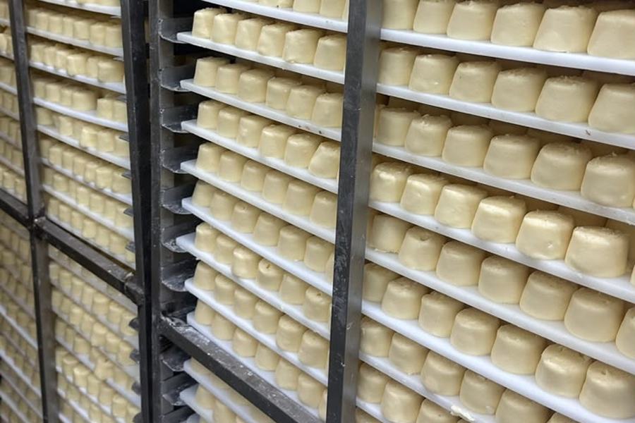 Assadeiras com lote de pães de queijo moldados em carrinho de produção