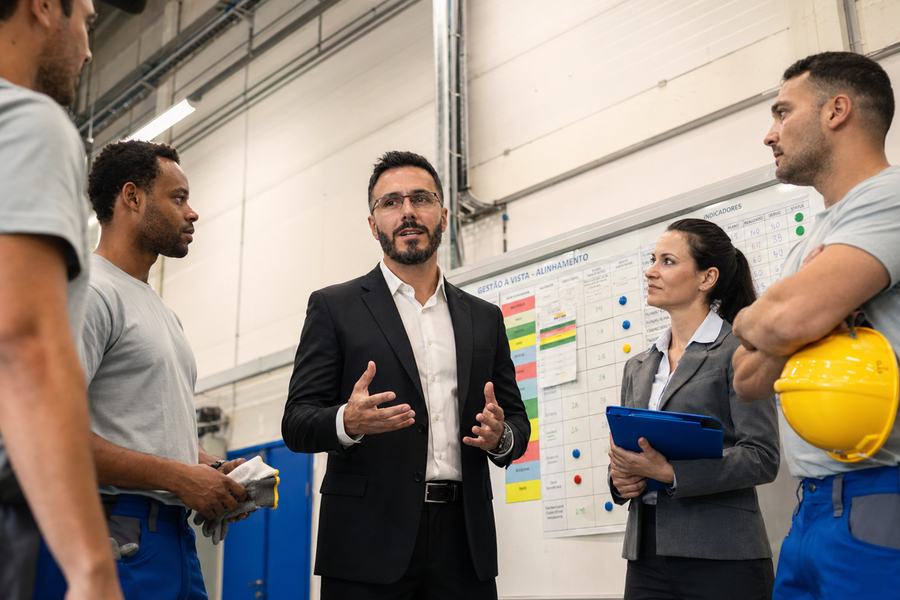 Consultor alinhando a equipe de produção diante do quadro de gestão à vista